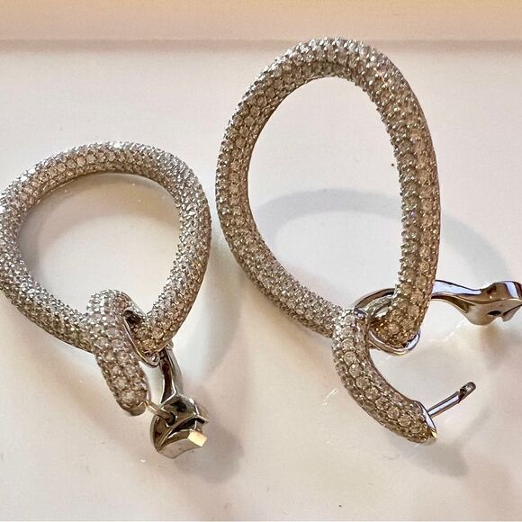 Sterling Silver Rhodium-plated 716 Stone Pavé CZ Hinged Teardrop Hoop Earrings - Picture 7 of 11